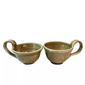 Handmade Pottery Light Green Big Handle Mug Cup Small Bowl Kirk Niehouse Set of